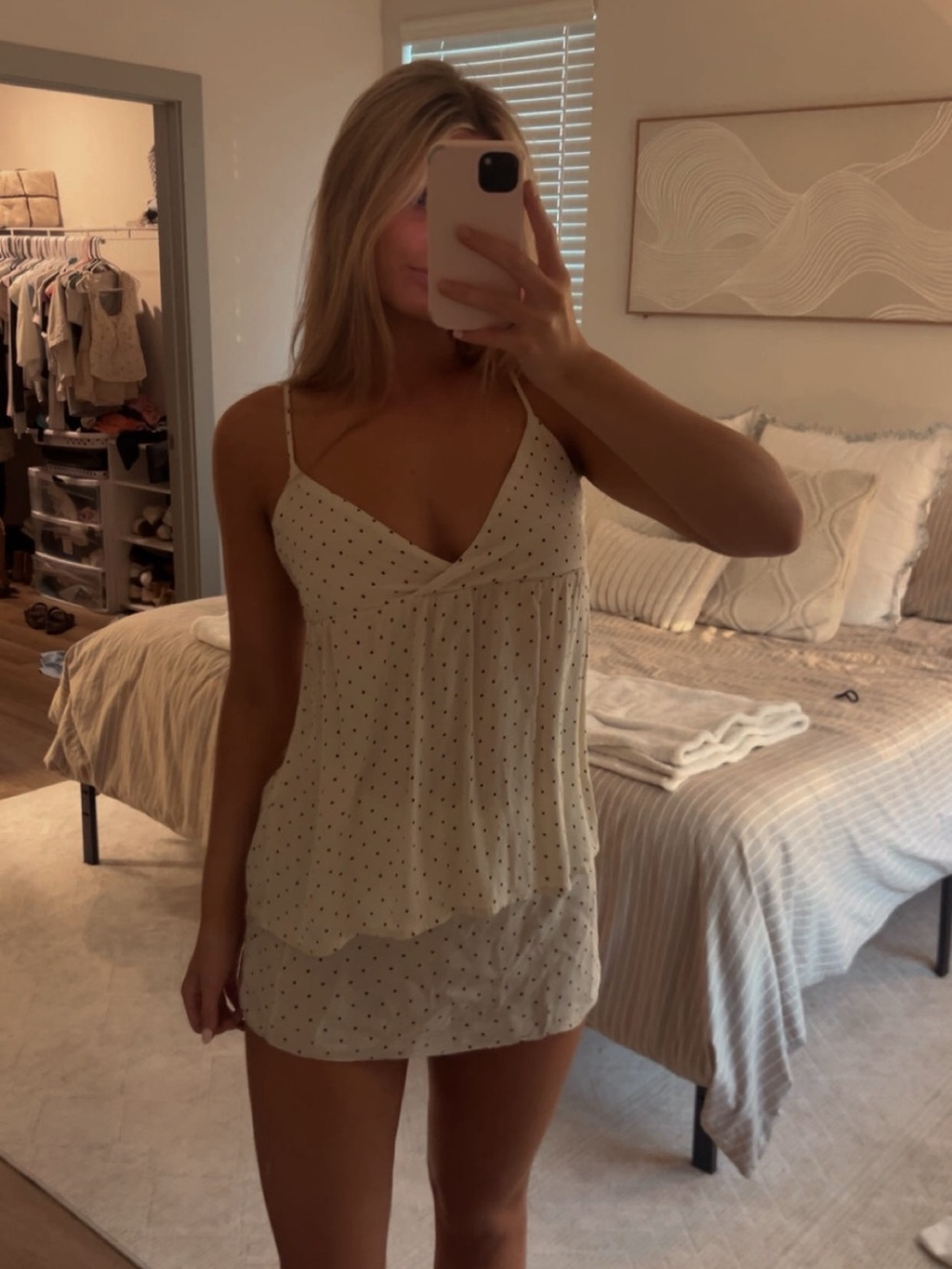 Vintage Brandy Melville White Polka Dot Spaghetti Strap Chemise